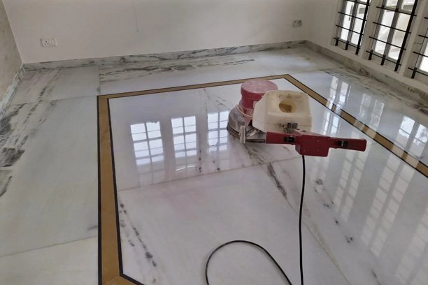 Close-up of polished white Indian marble floor