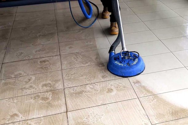 Detailed tile grout line machine cleaning